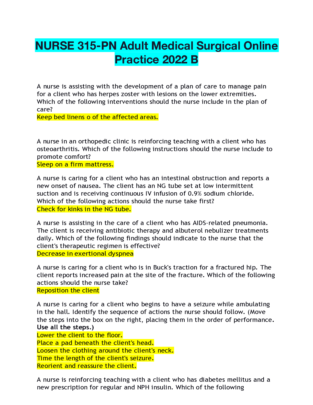 Preview of NURSE 315-PN Adult Medical Surgical Online Practice 2022 B